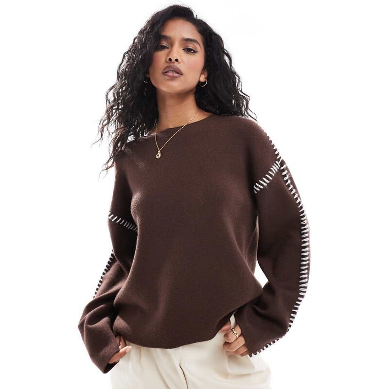 YAS contrast stitch detail jumper in brown - BRONZE 100206459