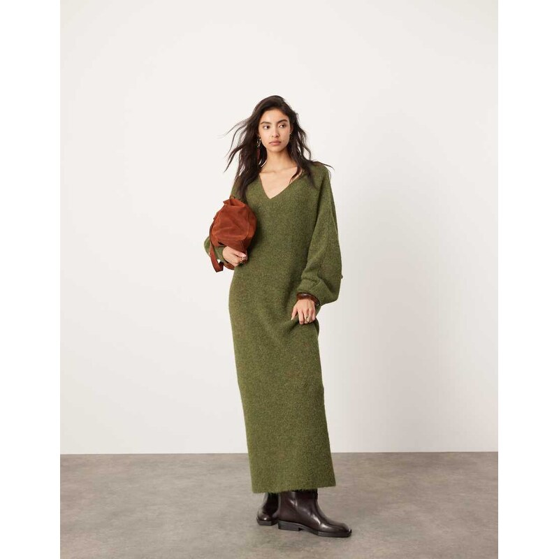 ASOS EDITION knitted v neck maxi dress in khaki green 100111709