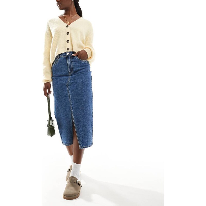 Vero Moda denim midaxi skirt with front split in medium blue denim 107714320