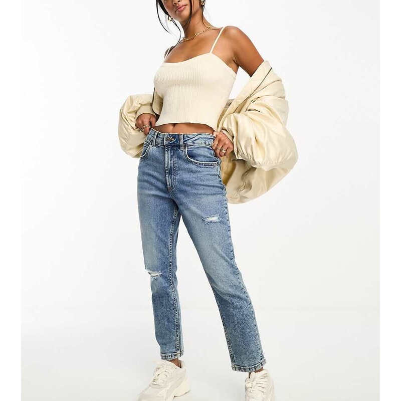 ASOS Petite ASOS DESIGN Petite slim fit comfort mom jeans with rip in 100061529