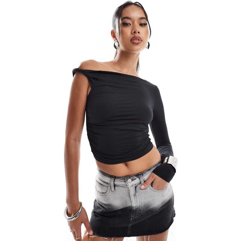 ASOS DESIGN slinky twisted off the shoulder asymmetric long