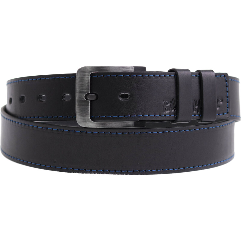 Dámský kožený opasek Black Hand 106-98 černý s modrým štepem 104674925