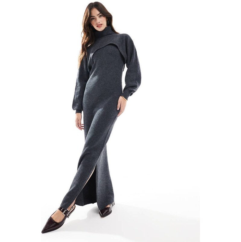 Pieces knitted racer neck bodycon maxi dress co-ord in charcoal-Grey 100133632