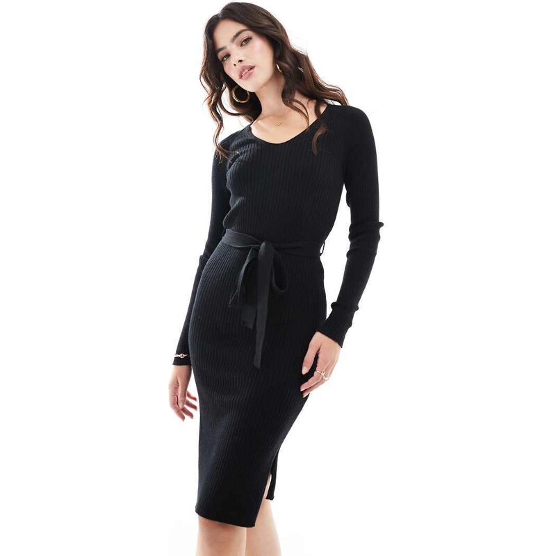 Vero Moda long sleeve rib knit midi dress with belt in black 100134950