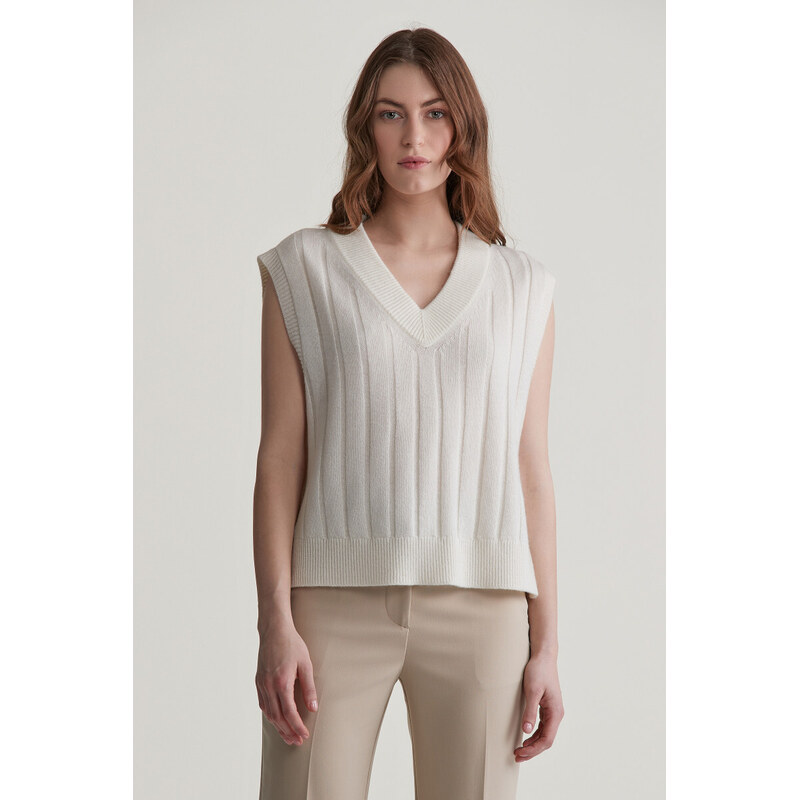 VESTA GANT WIDE RIBBED WOOL V-NECK VEST CREAM