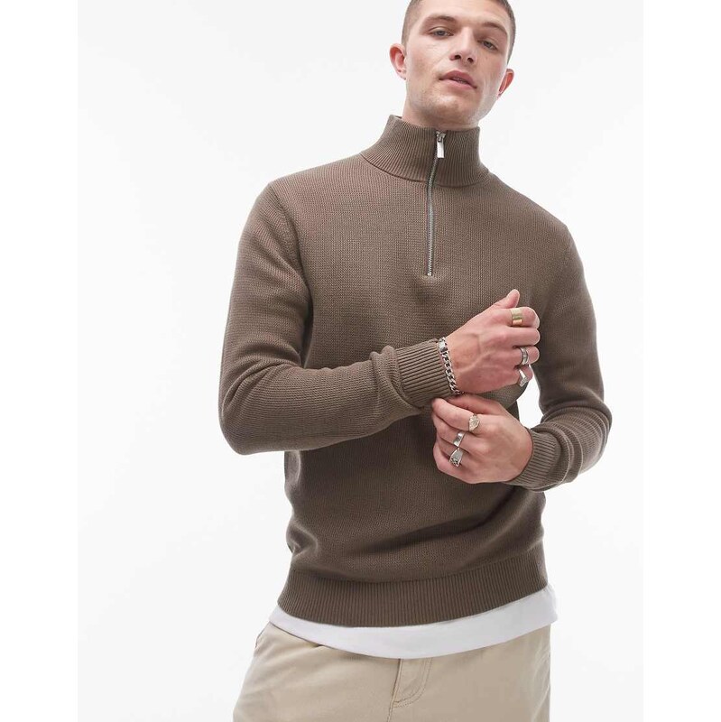 Selected 100% cotton knitted half zip jumper in tan-Brown