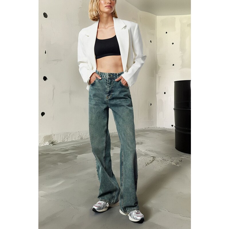 Trendyol Dark Blue Faded Effect Vintage High Waist Wide Leg