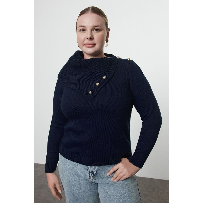 Trendyol Curve Navy Blue Wide Turtleneck Buttoned Knitwear Sweater 107080736