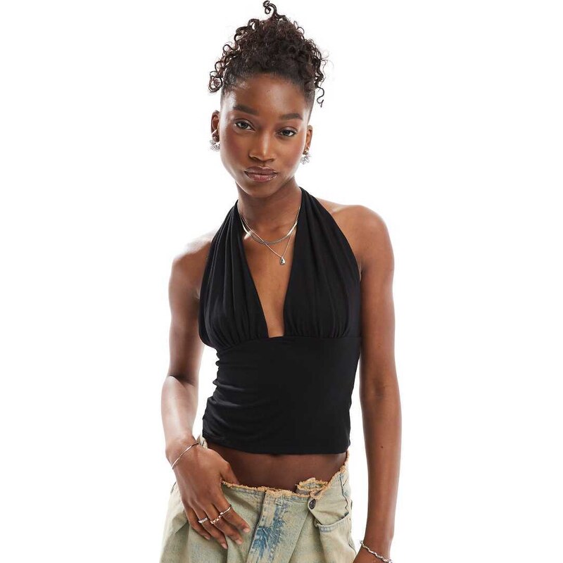 COLLUSION cupro longline slinky halter top in black 108098898