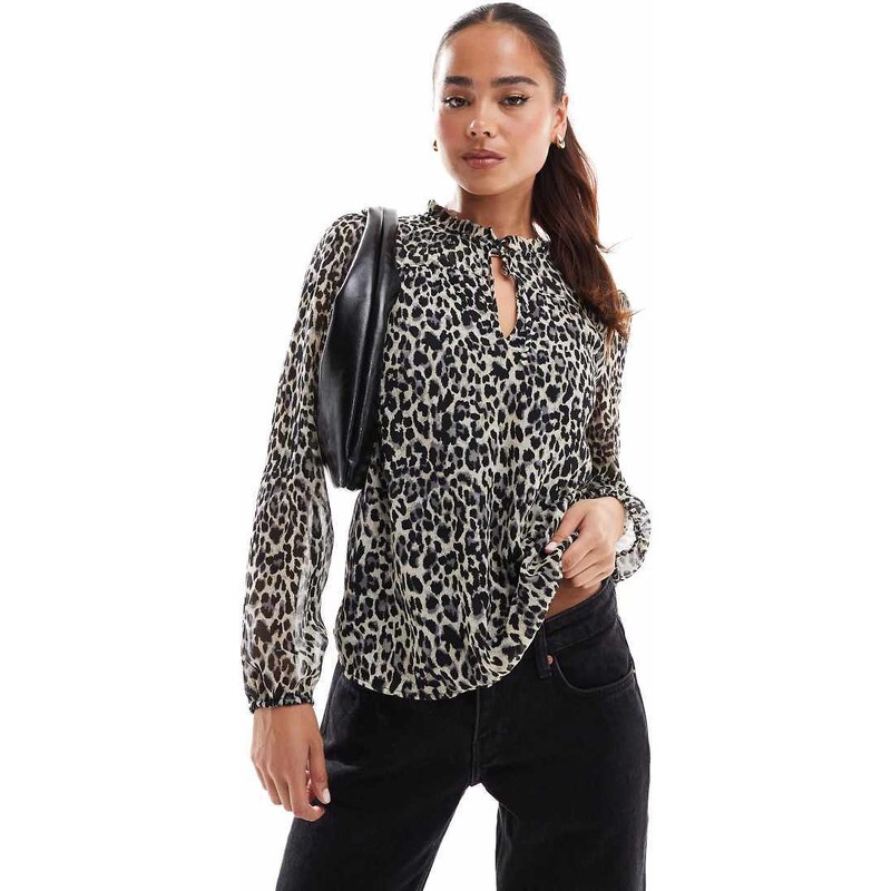 ONLY high neck blouse in animal print-Black
