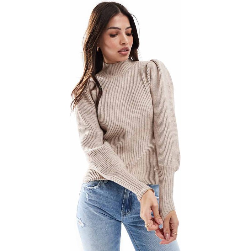 ONLY high neck puffy sleeves jumper in light beige-Neutral