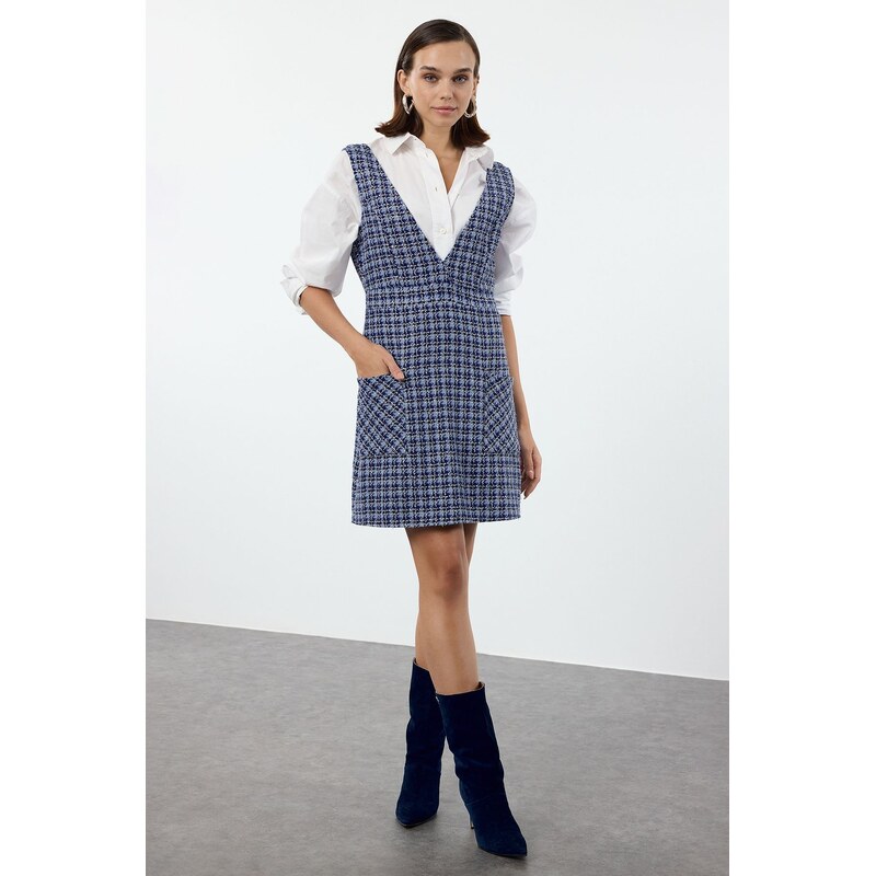 Trendyol Blue Plaid / Checkered Mini Woven Tweed Vest Dress