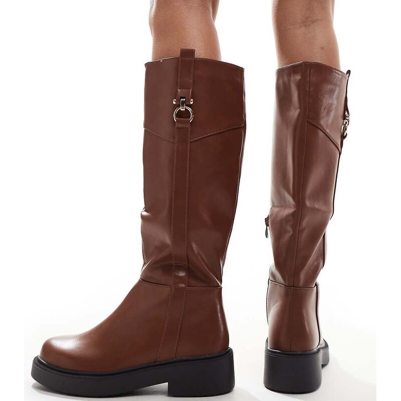 SEQWL Wide Fit knee high buckle flat riding boot in tan-Brown 111139056