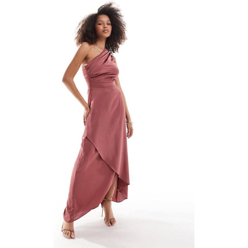 TFNC Bridesmaid one shoulder satin maxi dress in mulberry-Black 100136922