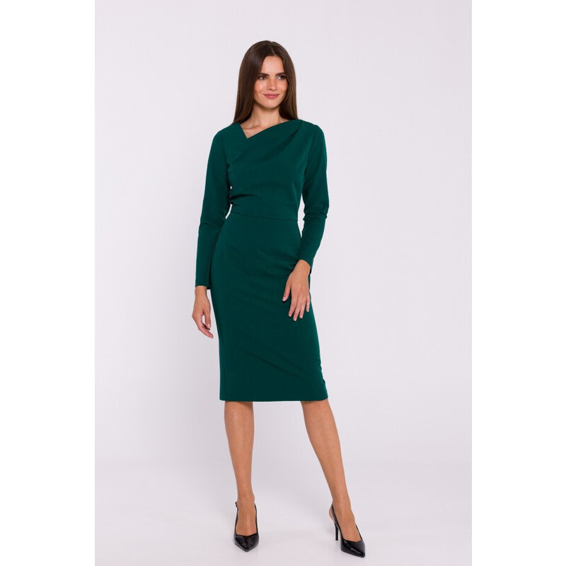 STYLOVE S376 Tužkové šaty s asymetrickým výstřihem - zelené