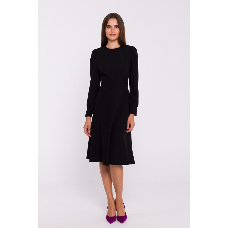 STYLOVE S378 Rozšířené šaty s páskem - černé
