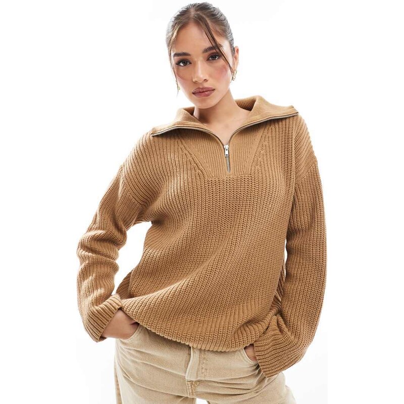 Selected half zip jumper in tan-Brown