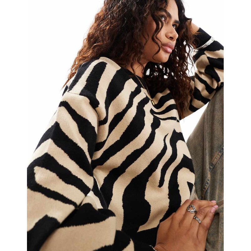Noisy May knitted jumper black & beige zebra