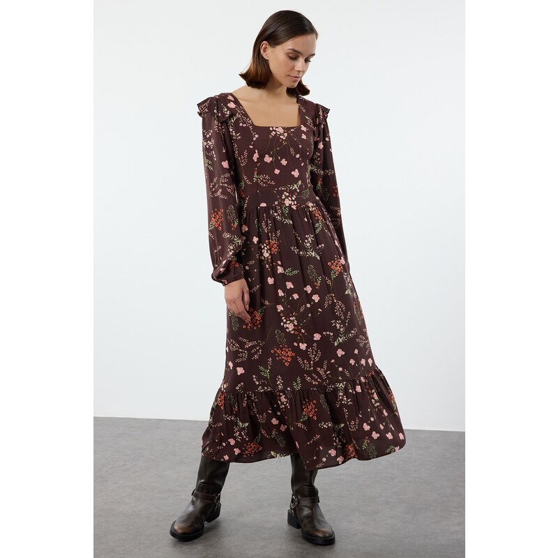 Trendyol Brown Floral A-Line Ruffle 100% Viscose Woven Dress