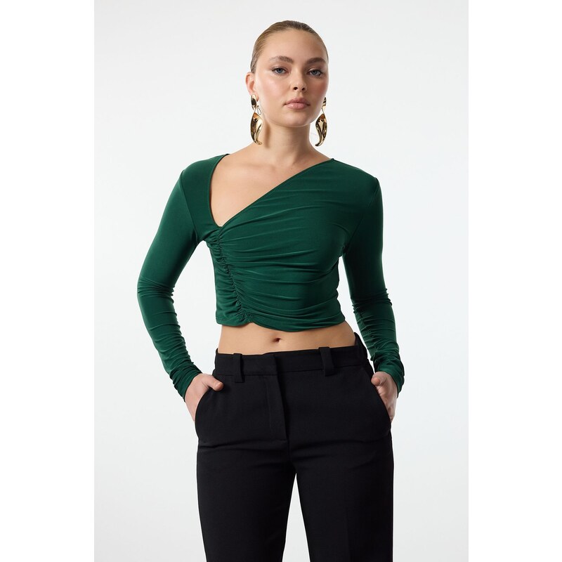 Trendyol Emerald Green Crop Draped Knitted Blouse