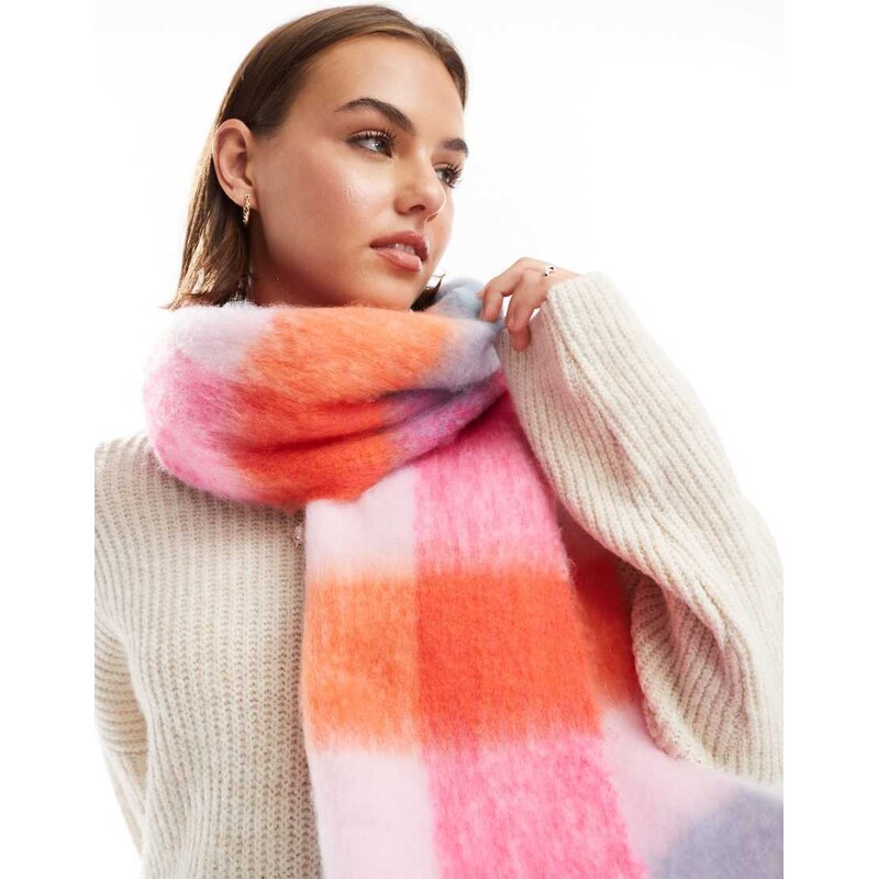 Pieces super soft tassel scarf in multicoloured happy check