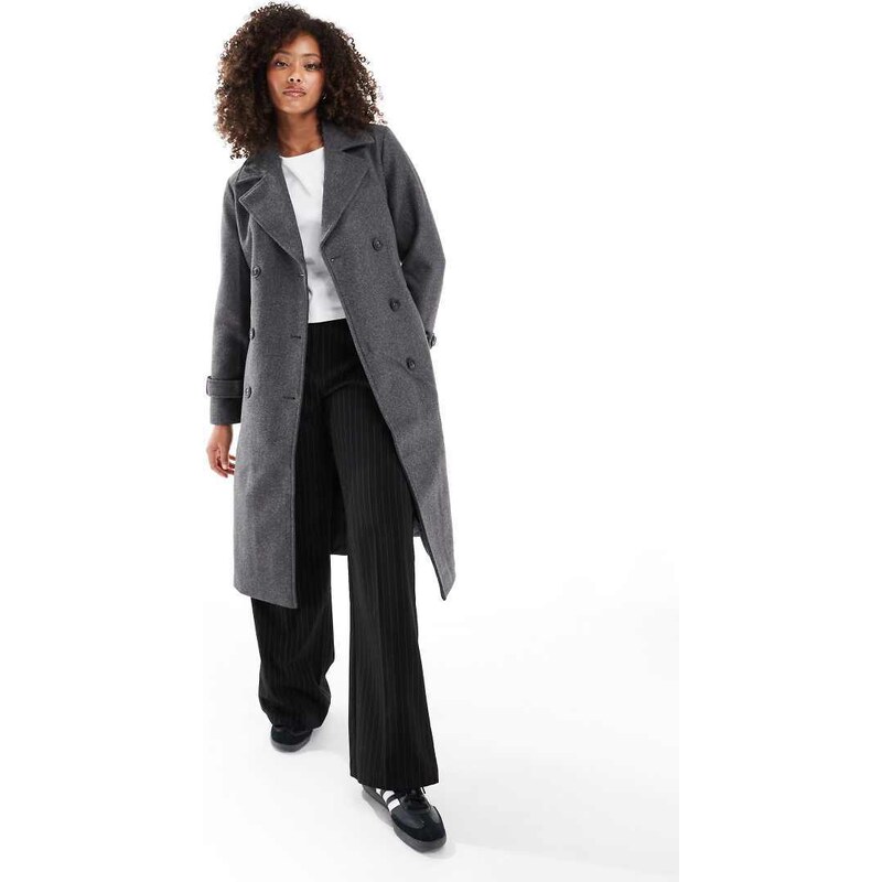 Vero Moda double breasted belted midi coat in dark grey melange 109652699