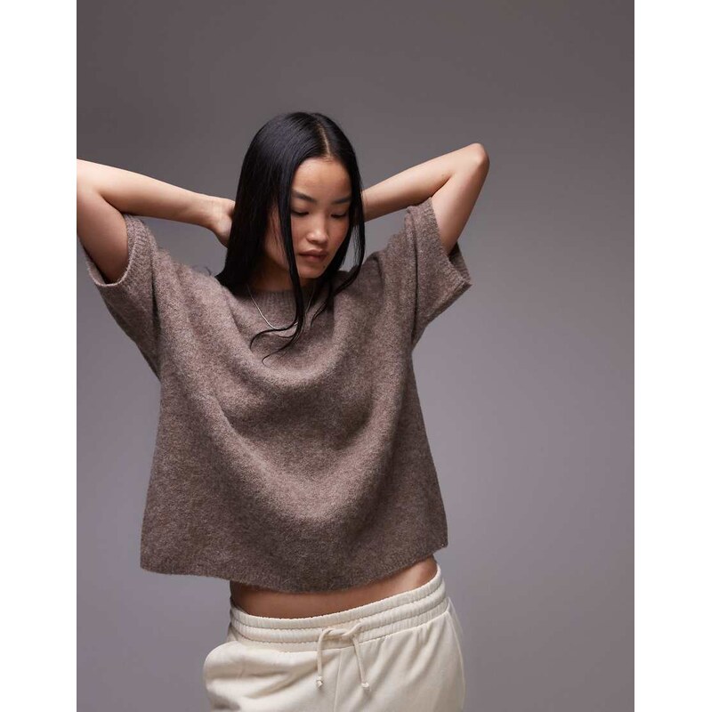 ARKET alpaca and wool blend short sleeve sweater in dark beige