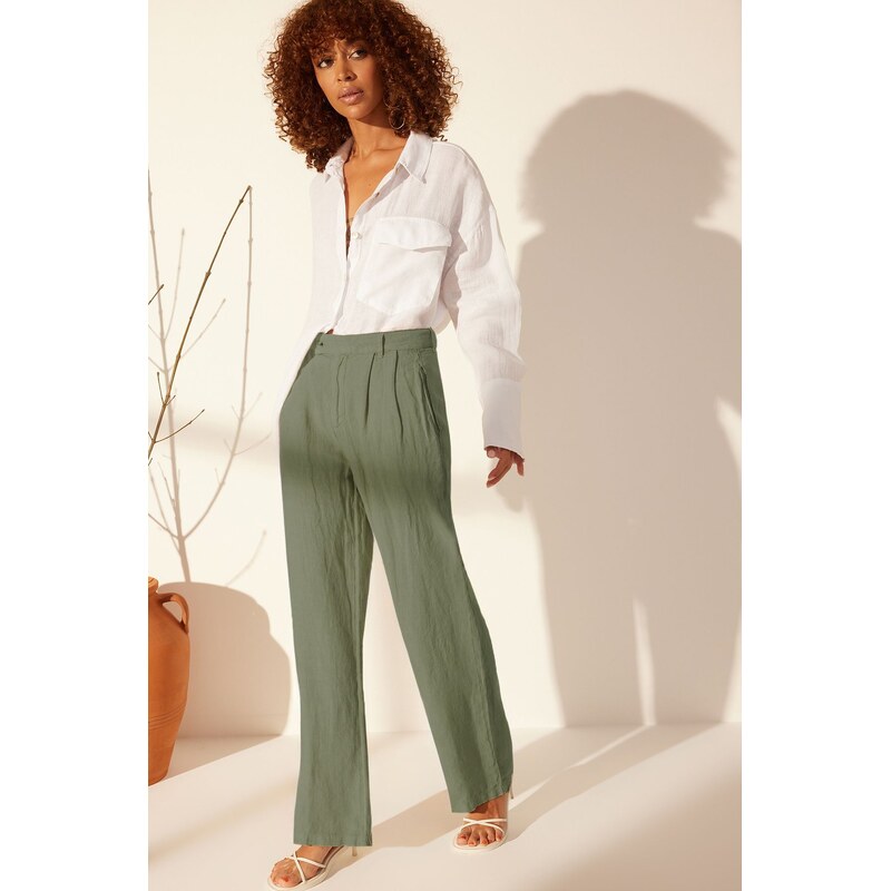 Trendyol Green 100% Linen Pleated High Waist Wide Leg Trousers 115731234
