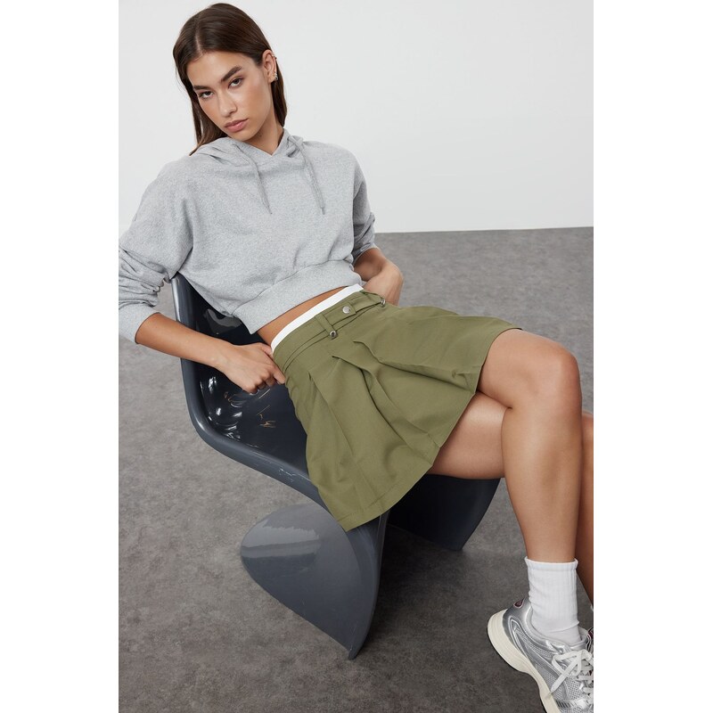 Trendyol Khaki Double Belt Detailed Pleated Mini Woven Skirt 115624517