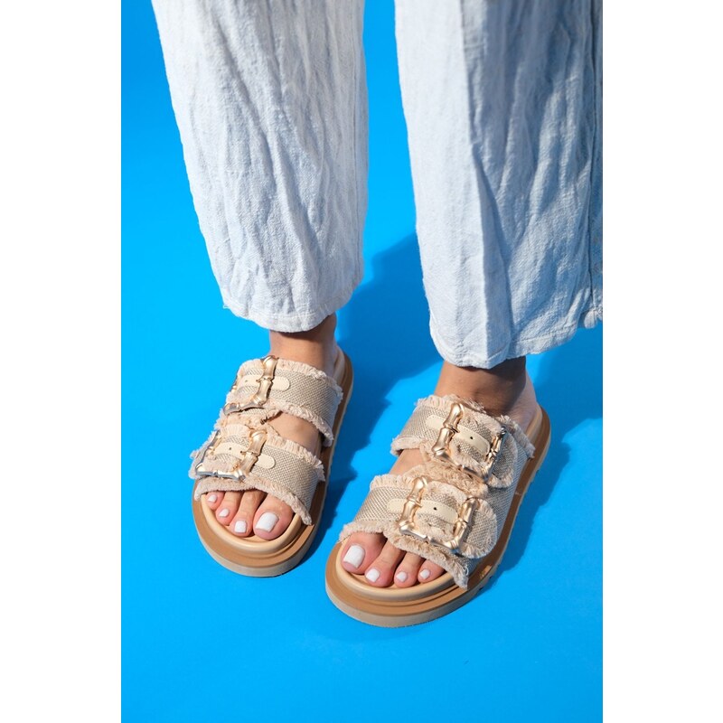 LuviShoes HARMONY Beige Gold Buckle Double Strap Womens Slippers 99788794