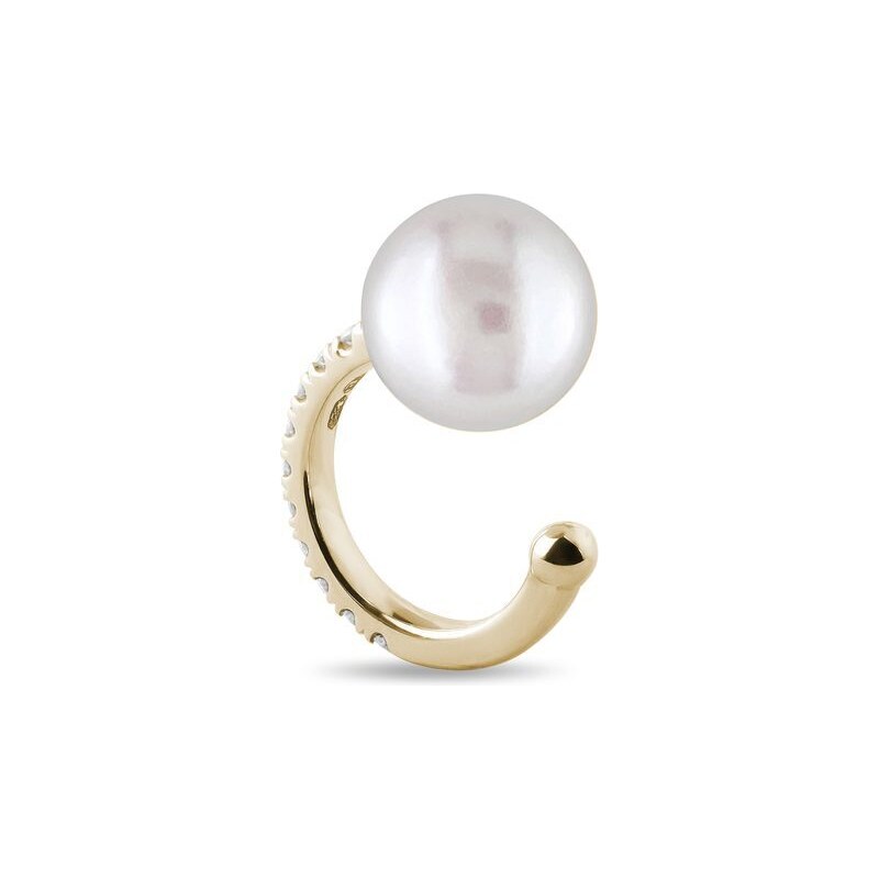 Diamantová ear cuff náušnice ve žlutém zlatě s perlou KLENOTA