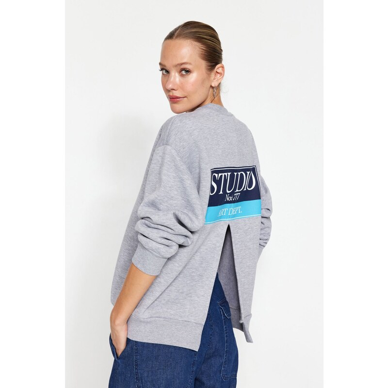 Trendyol Gray Melange Back Print Detail Fleece Inside Regular
