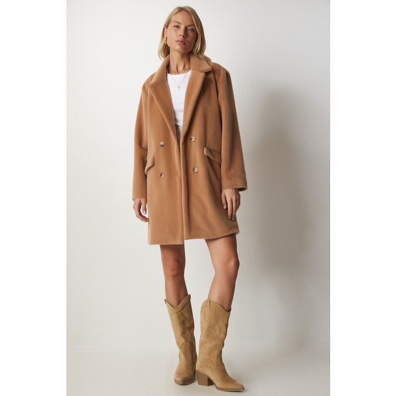 Happiness İstanbul Womens Biscuit Rabbit Hair Look Oversize Coat