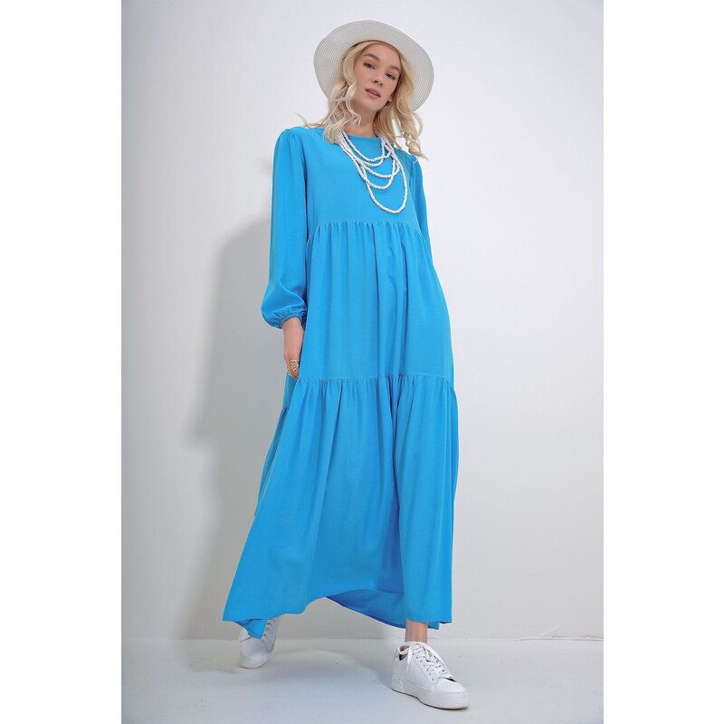 Trend Alaçatı Stili Womens Turquoise Boat Neck Balloon Sleeve