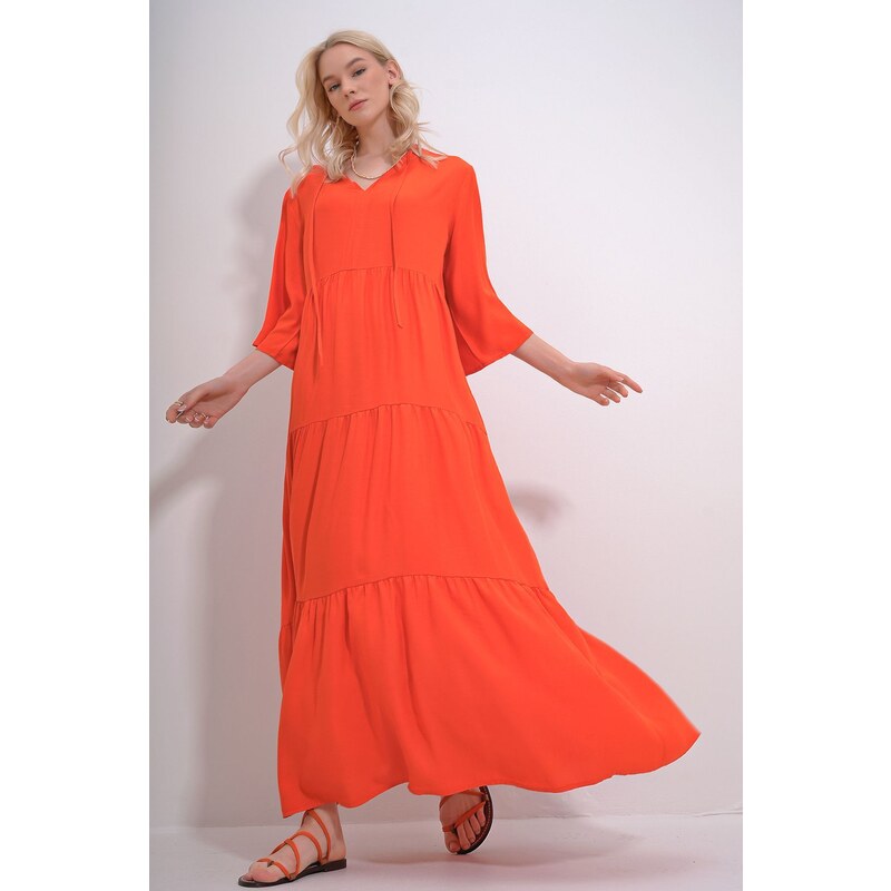 Trend Alaçatı Stili Womens Orange V-Neck Front Lace-Up Layered