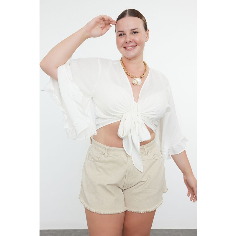 Trendyol Curve Ecru Crop Sleeve Ruffle Flounce Double Breasted