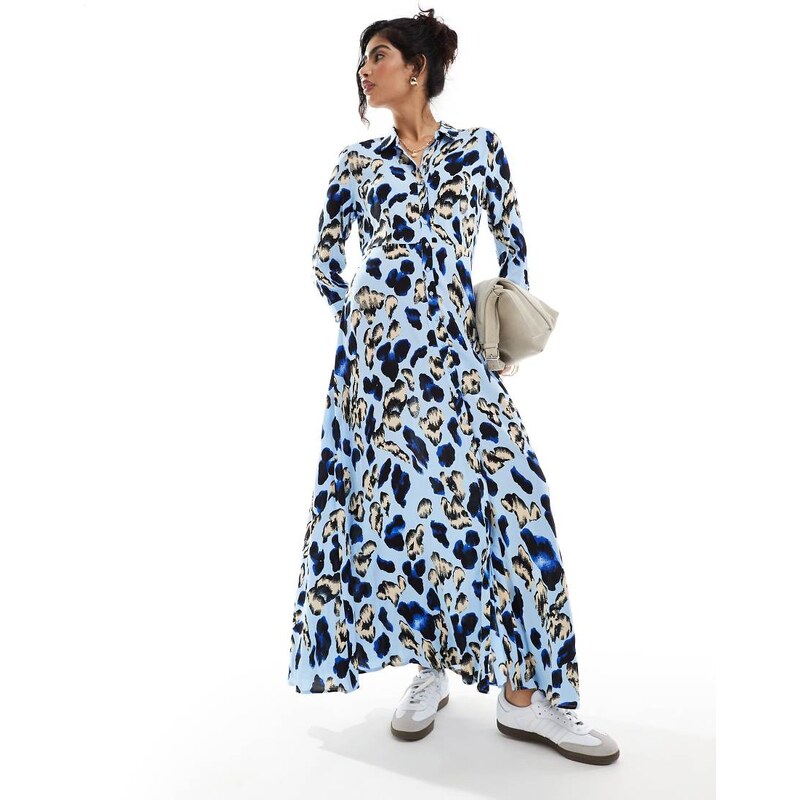 YAS maxi shirt dress in oversized blue leopard print - MBLUE 99887224