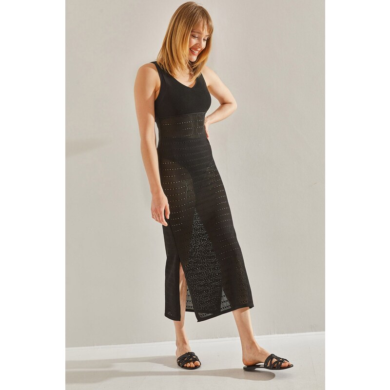 Bianco Lucci Womens V-Neck Slit Detailed Unlined Openwork Dress 107078823