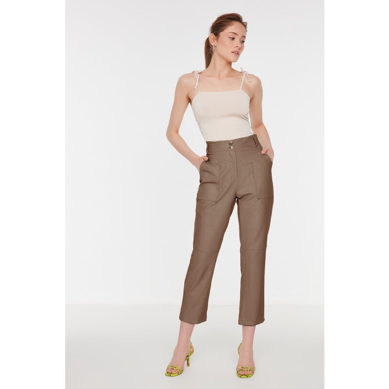 Trendyol Light Brown Cigarette Woven Faux Leather Trousers 107080616
