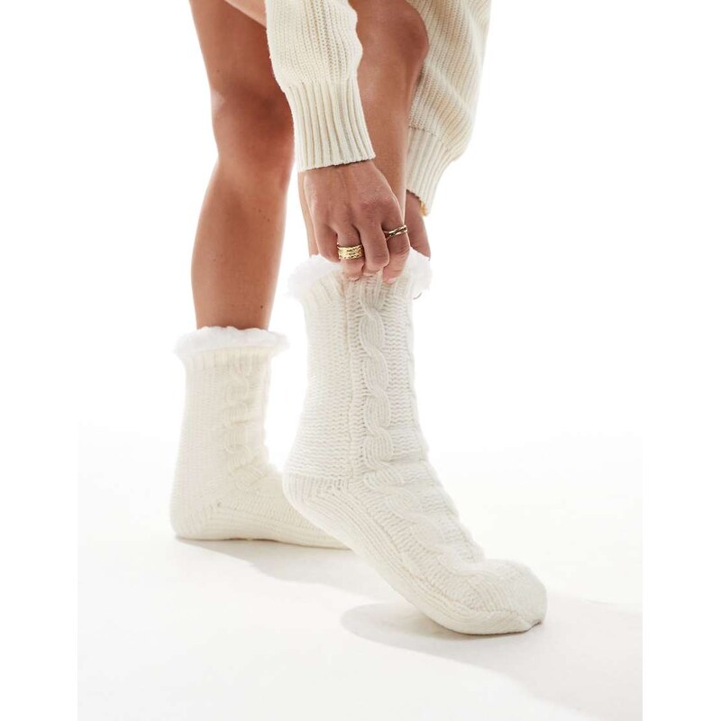 Loungeable cosy chenille slipper sock in cream-White