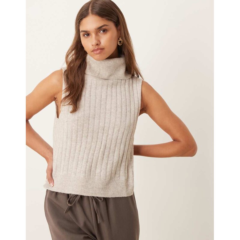 Vila ribbed high neck sleevless knitted vest in natural melange 100137113