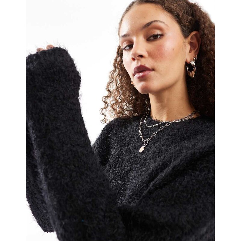Noisy May crew neck fuzzy knit jumper in black