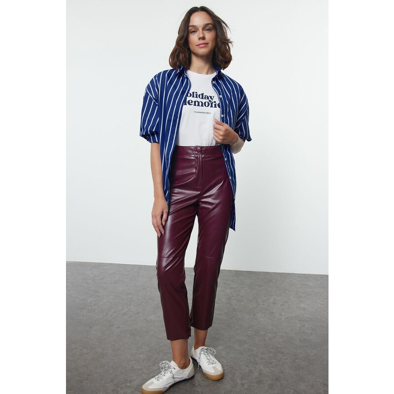 Trendyol Claret Red Faux Leather Cigarette Zippered Woven Trousers 107080753