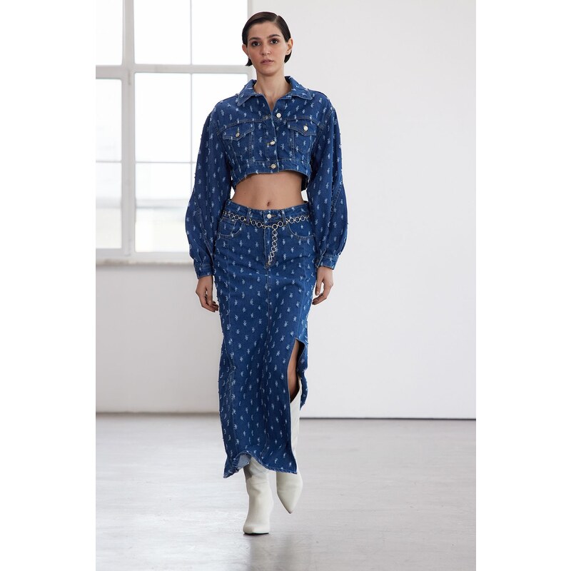 Trendyol Limited Edition Blue Textured Slit Maxi Denim Skirt