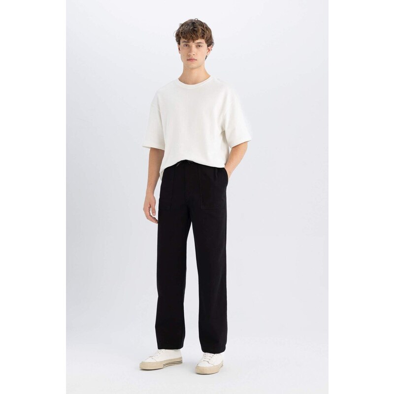 DEFACTO Mens Black Wide Straight Wide Leg Pocketed Gabardine
