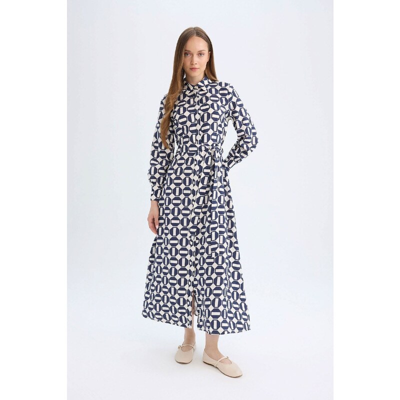DEFACTO Shirt Collar Patterned Buttoned Belted Long Sleeve Maxi