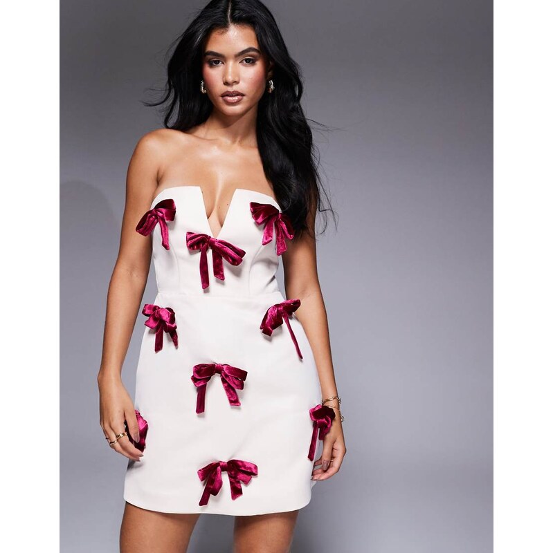 ASOS LUXE bandeau mini dress with Burgundy velvet bows in cream-White 99886679