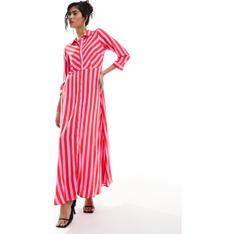 YAS maxi shirt dress in pink and red stripe - MULTI