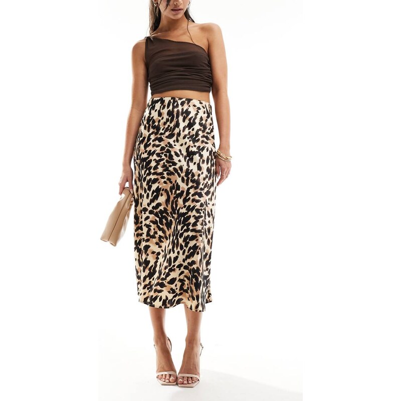 YAS satin midi skirt in leopard print - MULTI
