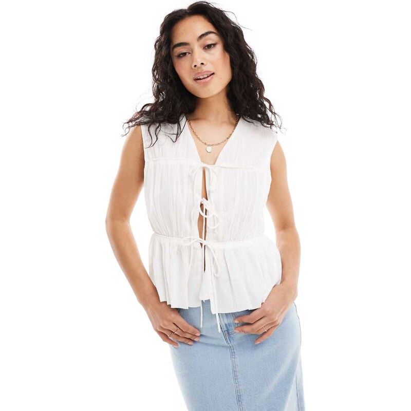 YAS smocked tie front sleeveless blouse in white - WHITE 99887149